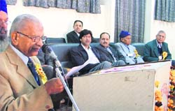VM Bhandari, general secretary of the Northern Railway Pensioners Welfare Association, reads out a report at the AGM of the body in Ludhiana on Sunday. 