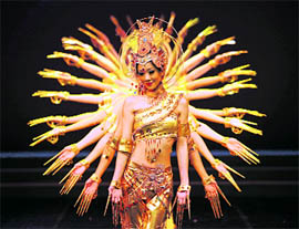 Chinese dancers perform during a dress rehearsal for the Dunhuang dance show Flying Apsars in Taipei, Taiwan, on Saturday