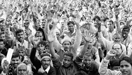 Residents of Rajiv colony and Indira colony stage demonstation, seeking allotment of plots in Panchkula on Monday.
