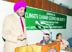 KU vice-chancellor Lieut Gen Dr DDS Sandhu addresses participants at a seminar organised by the Institute of Environmental Studies, Kurukshetra University. 