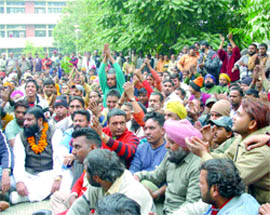 Auto-rickshaw drivers stage a dharna outside the DC office in Jalandhar on Monday.