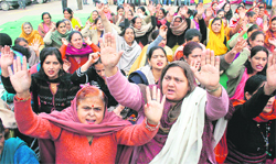 Anganwari workers protest in support of their demands in Jammu