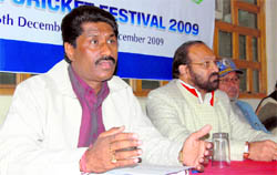 Office-bearers of the Uttarakhand Cricket Association address mediapersons in Dehradun on Tuesday. A Tribune photograph
