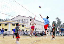 A volleyball match in progress at the District Volleyball Tournament in Dehradun on Tuesday. A Tribune photograph 