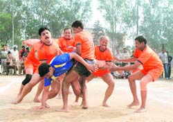 A kabaddi match in progress during the ICAR inter-zonal sports meet in Karnal on Tuesday.