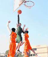 A match in progress on the third day of the CBSE National Basketball Championship (u-19) at BCM Senior Secondary School, Rashi Nagar, on Tuesday.
