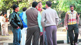  Policemen in mufti outside the district courts in Sector 17, Chandigarh, on Wednesday.