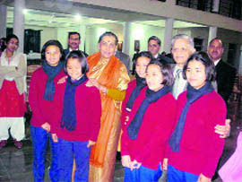 Governor Margaret Alva with students of Himjyoti School in Dehradun on Thursday.