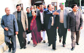 Opposition leaders staging a walkout on the fourth day of the winter vidhan sabha session at Dharamsala on Thursday.