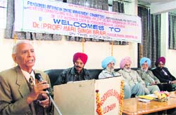 BR Kaushal, chairman of the Pensioners Information Centre Management Committee, speaks during a Pensioners Day function in Ludhiana on Thursday.