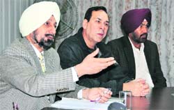 RS Gill, president of the Punjab Basketball Association, addresses a press conference in Ludhiana on Thursday.