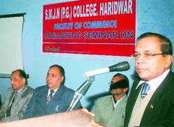 Academicians on the dais at a seminar in SMJN College. Tribune photo: Rameshwar Gaud