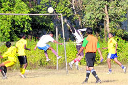 Players in action at the MK Bisht Memorial Football Tournament in Dehradun on Friday. A Tribune photograph 