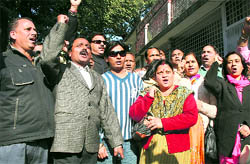 Congress councillors protest in front of the office of the District Magistrate in Dehradun on Friday. 