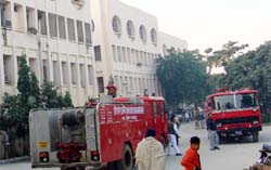 Fire engines in front of income tax office in Faridabad.