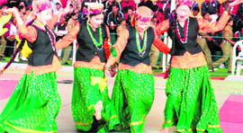 Girls perform a Garhwali dance at a function in Haridwar. Tribune photo: Rameshwar Gaud