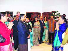 Uttarakhand Governor Margaret Alva greets visitors at Raj Bhawan in Dehradun on Saturday. 