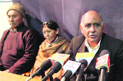 Leela Karan Sharma addresses a press conference in Jammu on Saturday.