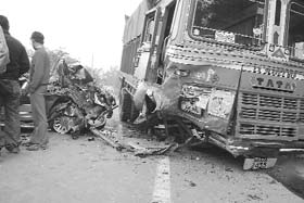 A badly damaged MUV at Lakhnour barrier in Mohali
