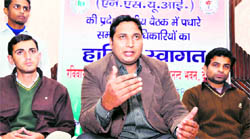 Sangram Singh Pundir, Uttarakhand NSUI president, addresses a press conference in Dehradun on Sunday
