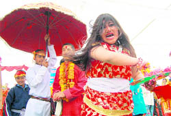 Students of SGRR Inter College, Nehru Gram, enact the Nanda Devi Raj Jat Yatra in Dehradun on Sunday. Tribune photo: Anil P Rawat 