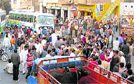 Protesters block traffic on the Sirsa-Dabwali road on Sunday.
