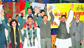 Leaders of the Jammu and Kashmir National Panthers Party at a convention in Jammu