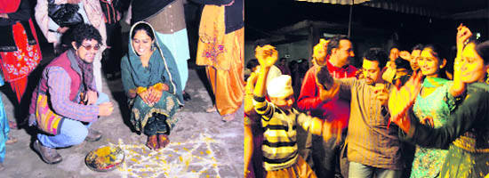 Aamir Khan (in disguise) participates in a marriage; and (right) reveals his identity and breaks into a dance at the marriage in Chur village on Saturday.