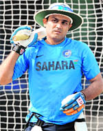 Virender Sehwag during a training session at Cuttack on Sunday.  AFP