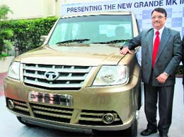 SG Saksena, head, utility vehicles product group, Tata Motors poses with Grande MK II at its launch in New Delhi on Monday