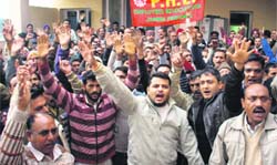 Members of the PHE Workers Welfare Association protest in Jammu 