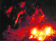 Labourers light a campfire to keep cold at bay in Ludhiana.