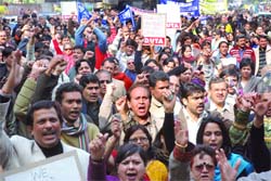 DUTA shout slogans during a demonstration in New Delhi