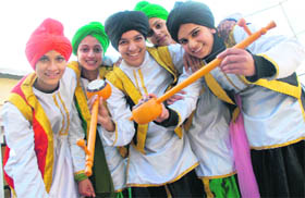 Girl students of RKMV College donning turbans for a Punjabi dance on the occasion of a farewell party in the college at Shimla on Tuesday.