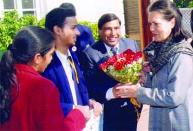 Students and the managing director of Vandna International School meet All-India Congress Committee president Sonia Gandhi to discuss education-related issues at her official residence at 10 Janpath in New Delhi