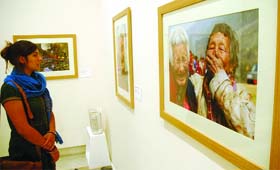 A tourist admires a picture at an exhibition on Bhutan in New Delhi