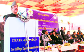 Union Health Minister Ghulam Nabi Azad addresses a gathering after inaugurating a hospital in Jammu on Wednesday