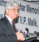 Former Chief of Army Staff General VP Malik delivers a lecture on Indias Strategic Culture and Security Challenges in New Delhi on Wednesday.