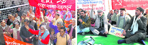 Members of the CPI hold a demonstration in Dehradun on Thursday; and members of the CPM stage a dharna in protest against rising prices of essential commodities.