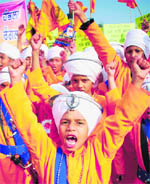 Students of Akal Academy, Baru Sahib, during an anti-drug rally at the Jor Mela in Fatehgarh Sahib on Thursday. 