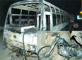 The skeletal remains of a bus and bike after a crash between the two in Delhi on Friday.