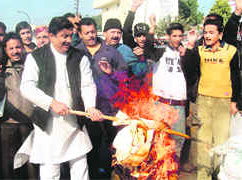 Members of the Jammu West Assembly Movement protest in Jammu on Friday.