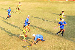 Players in action during the 7th All-India Doraha Gold Cup Hockey Tournament on Friday.