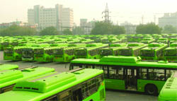 Low-floor DTC buses parked at the Hasanpur depot in Patparganj, New Delhi.