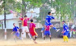 A match in progress during the Khadag Bahadur Memorial Football Tournament in Dehradun