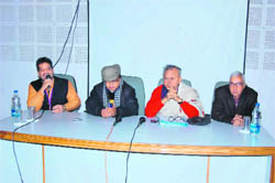 Writer and critic Vinod Bhardwaj and director-producer K Bikram Singh at the second Haryana International Film Festival at the DAV College for Girls in Yamunanagar on Saturday. 