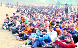 Candidates await their turn at a Territorial Army recruitment rally in Ludhiana on Saturday