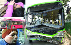 The low-floor bus and the accident-scarred passengers near Moolchand flyover in New Delhi on Sunday.