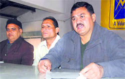 Members of the RTI Lok Sewa, an NGO, address a press conference in Dehradun on Saturda