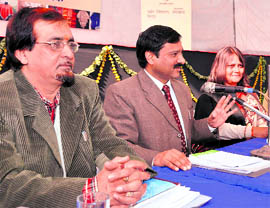 Speakers participate in a seminar organised for weavers at National Handloom Expo in Dehradun on Sunday